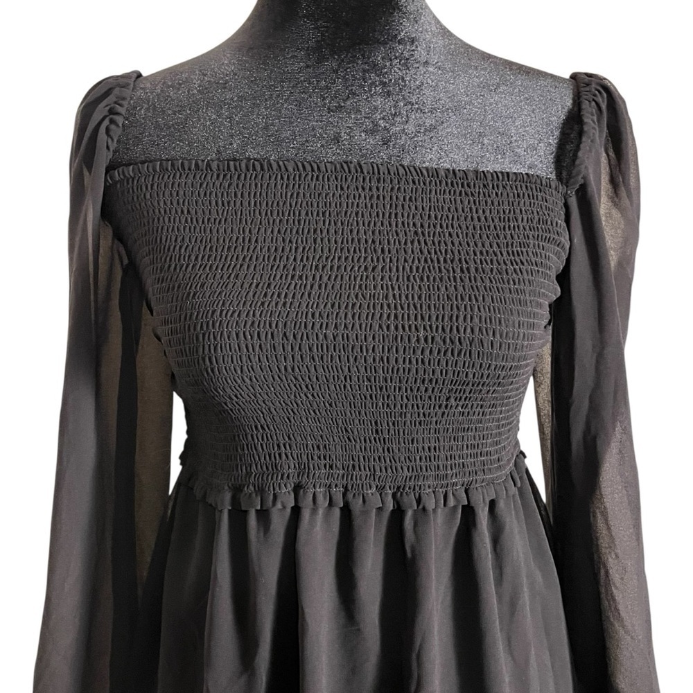 Aritzia Wilfred New Tempest Smocked Chiffon Black Mini Blouson Dress — Small - Picture 10 of 14